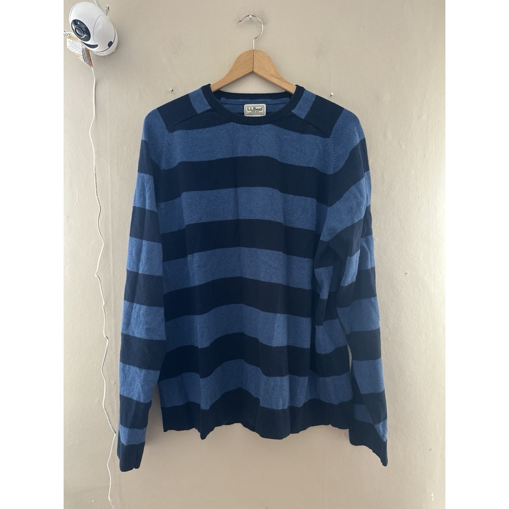 LL‎ Bean Mens Striped Sweater Size XL Blue Cotton Cashmere Grandpa Cosby Vintage